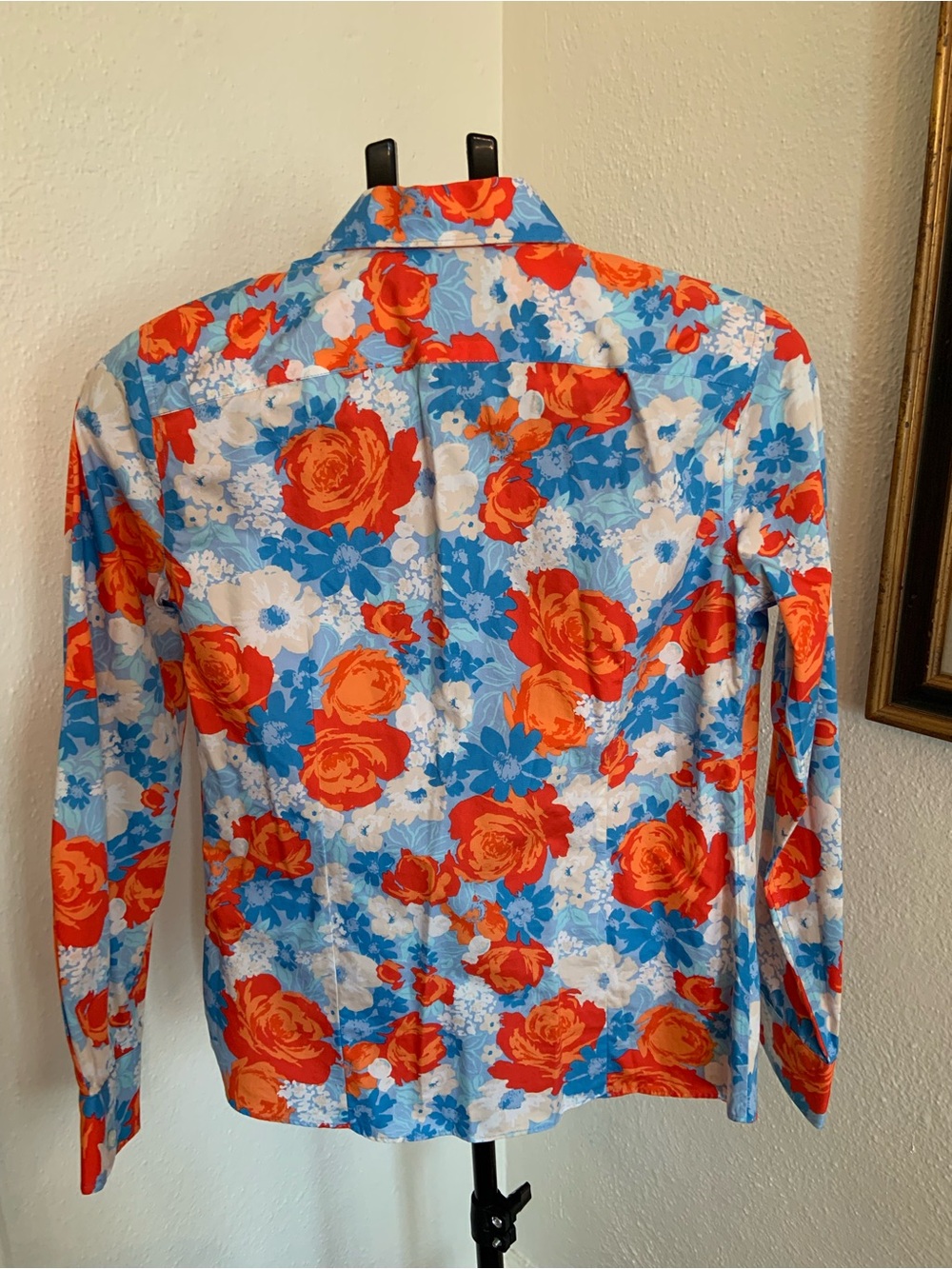 Lands' End Blouse Women Orange & Blue Floral Button Down Shirt - Picture 6 of 7